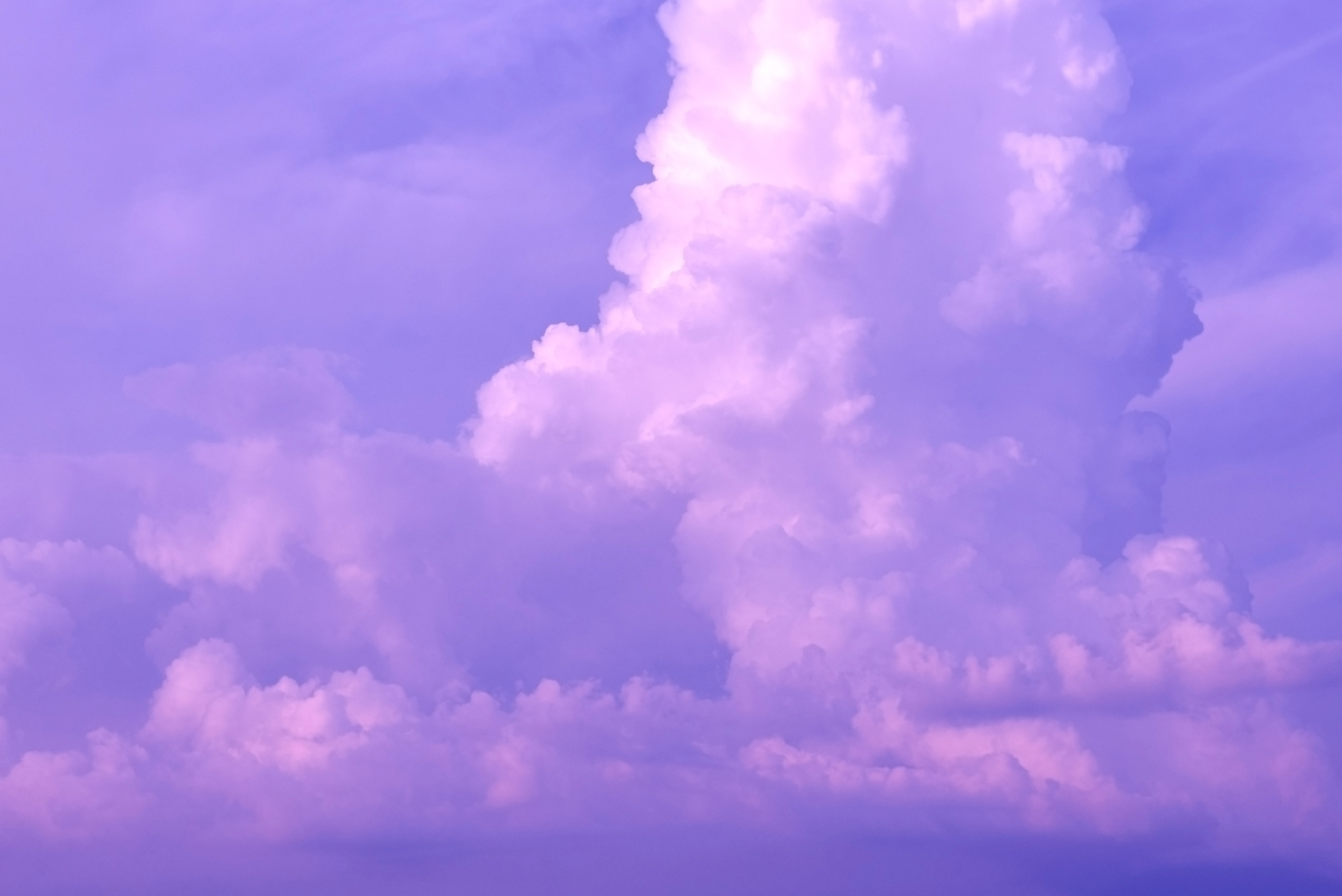 Photo of fluffy clouds in purple and lilac colors.